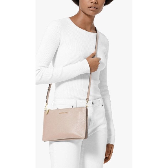 Michael Kors Double Pouch Crossbody Bag Soft Pink/Fawn Two Tone Leather NEW - Picture 1 of 16